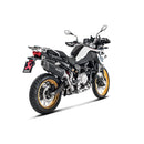 The Akrapovic Slip On Muffler for BMW F750/850GS is a sleek black exhaust, crafted from lightweight titanium with a metallic tip and mounting bracket. Featuring the AKRAPOVIC logo on its side, it highlights a modern design.