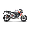 The Akrapovic Slip On BMW F900R/XR 2020-23 exhaust boasts a sleek metallic design with a rectangular carbon fiber-trimmed end, featuring a red logo on its black segment. Set diagonally against a white backdrop, it beautifully captures the signature AKRAPOVIC sound.