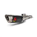 The Akrapovic Slip On BMW F900R/XR 2020-23 exhaust boasts a sleek metallic design with a rectangular carbon fiber-trimmed end, featuring a red logo on its black segment. Set diagonally against a white backdrop, it beautifully captures the signature AKRAPOVIC sound.