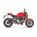 The Akrapovic Ducati Monster 821/1200 17-19 slip-on exhaust features a sleek black design with a metallic tip, durable mounting bracket, and the iconic white logo. Perfect for those who cherish the classic Akrapovic sound, its elegance is highlighted against a plain white background.