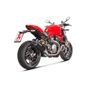 The Akrapovic Ducati Monster 821/1200 17-19 slip-on exhaust features a sleek black design with a metallic tip, durable mounting bracket, and the iconic white logo. Perfect for those who cherish the classic Akrapovic sound, its elegance is highlighted against a plain white background.
