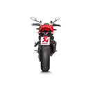 The Akrapovic Ducati Monster 821/1200 17-19 slip-on exhaust features a sleek black design with a metallic tip, durable mounting bracket, and the iconic white logo. Perfect for those who cherish the classic Akrapovic sound, its elegance is highlighted against a plain white background.
