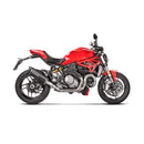 The Akrapovic Ducati Monster 821/1200 17-19 slip-on exhaust features a sleek black design with a metallic tip, durable mounting bracket, and the iconic white logo. Perfect for those who cherish the classic Akrapovic sound, its elegance is highlighted against a plain white background.