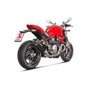 The Akrapovic Ducati Monster 821/1200 17-19 slip-on exhaust features a sleek black design with a metallic tip, durable mounting bracket, and the iconic white logo. Perfect for those who cherish the classic Akrapovic sound, its elegance is highlighted against a plain white background.
