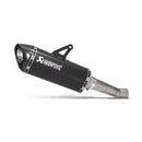 The Akrapovic Ducati Monster 821/1200 17-19 slip-on exhaust features a sleek black design with a metallic tip, durable mounting bracket, and the iconic white logo. Perfect for those who cherish the classic Akrapovic sound, its elegance is highlighted against a plain white background.