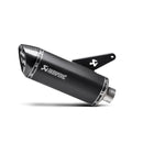 The Akrapovic Ducati Monster 821/1200 & S, a sleek black slip-on exhaust silencer by AKRAPOVIC, features a carbon fiber tip, silver accents, mounting bracket, and the brand logo on the side.