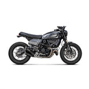 The Akrapovic Ducati Scrambler 2021-22 dual exhaust system, by AKRAPOVIC, features a sleek design with metallic pipes and black cans decorated with a logo. Made from stainless steel, the circular tips offer a polished and modern look.