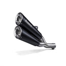 The Akrapovic Ducati Scrambler 2021-22 dual exhaust system, by AKRAPOVIC, features a sleek design with metallic pipes and black cans decorated with a logo. Made from stainless steel, the circular tips offer a polished and modern look.