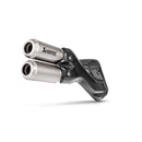 The Akrapovic Slip On Muffler Multistrada by AKRAPOVIC boasts dual exhaust pipes with a sleek carbon fiber finish and metallic tips, titanium mufflers, and an aerodynamic design. The name "Akrapovic" is engraved on each pipe, enhanced by a carbon-fiber heatshield for style and performance.