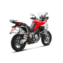 The Akrapovic Slip On Muffler Multistrada by AKRAPOVIC boasts dual exhaust pipes with a sleek carbon fiber finish and metallic tips, titanium mufflers, and an aerodynamic design. The name "Akrapovic" is engraved on each pipe, enhanced by a carbon-fiber heatshield for style and performance.
