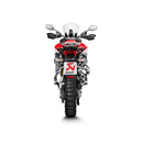The Akrapovic Slip On Muffler Multistrada by AKRAPOVIC boasts dual exhaust pipes with a sleek carbon fiber finish and metallic tips, titanium mufflers, and an aerodynamic design. The name "Akrapovic" is engraved on each pipe, enhanced by a carbon-fiber heatshield for style and performance.