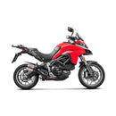 The Akrapovic Slip On Muffler Multistrada by AKRAPOVIC boasts dual exhaust pipes with a sleek carbon fiber finish and metallic tips, titanium mufflers, and an aerodynamic design. The name "Akrapovic" is engraved on each pipe, enhanced by a carbon-fiber heatshield for style and performance.
