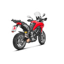 The Akrapovic Slip On Muffler Multistrada by AKRAPOVIC boasts dual exhaust pipes with a sleek carbon fiber finish and metallic tips, titanium mufflers, and an aerodynamic design. The name "Akrapovic" is engraved on each pipe, enhanced by a carbon-fiber heatshield for style and performance.