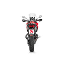 The Akrapovic Slip On Muffler Multistrada by AKRAPOVIC boasts dual exhaust pipes with a sleek carbon fiber finish and metallic tips, titanium mufflers, and an aerodynamic design. The name "Akrapovic" is engraved on each pipe, enhanced by a carbon-fiber heatshield for style and performance.