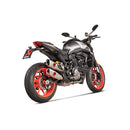 The Akrapovic Ducati Monster 937 2021-23 Slip-On exhaust pipes feature a sporty red and black logo, sleek metallic design, and the signature AKRAPOVIC sound. They are displayed angled beside each other on a white background, complementing motorcycles.