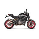 The Akrapovic Ducati Monster 937 2021-23 Slip-On exhaust pipes feature a sporty red and black logo, sleek metallic design, and the signature AKRAPOVIC sound. They are displayed angled beside each other on a white background, complementing motorcycles.