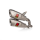 The Akrapovic Ducati Monster 937 2021-23 Slip-On exhaust pipes feature a sporty red and black logo, sleek metallic design, and the signature AKRAPOVIC sound. They are displayed angled beside each other on a white background, complementing motorcycles.