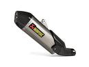 The Akrapovic Ducati Desert-X 2023 features a sleek metallic titanium exhaust pipe with a carbon fiber tip and heat shield. The AKRAPOVIC logo is prominently displayed, boasting an aerodynamic muffler design that enhances performance and aesthetics.