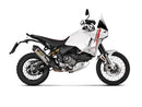 The Akrapovic Ducati Desert-X 2023 features a sleek metallic titanium exhaust pipe with a carbon fiber tip and heat shield. The AKRAPOVIC logo is prominently displayed, boasting an aerodynamic muffler design that enhances performance and aesthetics.