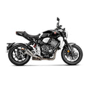 Introducing the Akrapovic Slip On Honda CB1000R 2018-23, a titanium AKRAPOVIC motorcycle exhaust system with a sleek, cylindrical design. This exhaust showcases a shiny silver finish, a carbon-fiber end cap, and prominently displays the AKRAPOVIC logo on the side. Experience the racing sound that amplifies your ride’s thrill.
