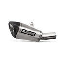 Introducing the Akrapovic Slip On Honda CB1000R 2018-23, a titanium AKRAPOVIC motorcycle exhaust system with a sleek, cylindrical design. This exhaust showcases a shiny silver finish, a carbon-fiber end cap, and prominently displays the AKRAPOVIC logo on the side. Experience the racing sound that amplifies your ride’s thrill.