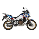 An Akrapovic Slip On Honda CRF1100L exhaust system in sleek silver against a white backdrop, featuring a black carbon fiber tip, titanium construction, and mounting bracket. Its modern aerodynamic design embodies the essence of "Durability Reimagined.