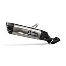 An Akrapovic Slip On Honda CRF1100L exhaust system in sleek silver against a white backdrop, featuring a black carbon fiber tip, titanium construction, and mounting bracket. Its modern aerodynamic design embodies the essence of "Durability Reimagined.