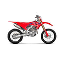 The Akrapovic Full Ti System CRF250R/RX by AKRAPOVIC is a sleek silver motorcycle exhaust made from high-quality titanium, featuring visible branding. Set against a white background, its metallic finish and elegant curves are designed to enhance off-road racing performance.