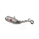 The Akrapovic Full Ti System CRF250R/RX by AKRAPOVIC is a sleek silver motorcycle exhaust made from high-quality titanium, featuring visible branding. Set against a white background, its metallic finish and elegant curves are designed to enhance off-road racing performance.