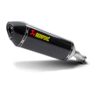 Close-up of the Akrapovic Slip On Muffler for CB400/500 CBR: a sleek, metallic exhaust pipe with a carbon fiber muffler featuring silver ends. The AKRAPOVIC logo in red and yellow enhances its iconic sound. A soft white background highlights its elegant design.