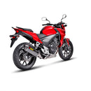 Close-up of the Akrapovic Slip On Muffler for CB400/500 CBR: a sleek, metallic exhaust pipe with a carbon fiber muffler featuring silver ends. The AKRAPOVIC logo in red and yellow enhances its iconic sound. A soft white background highlights its elegant design.