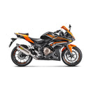 The Akrapovic Slip On Muffler for Honda CBR500 features a silver exhaust with a carbon tip, delivering the signature Akrapovič sound and displaying the AKRAPOVIC red and yellow logo on the side.