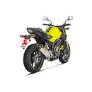 The Akrapovic Slip On Muffler for Honda CBR500 features a silver exhaust with a carbon tip, delivering the signature Akrapovič sound and displaying the AKRAPOVIC red and yellow logo on the side.