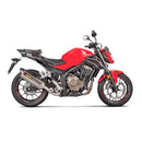 The Akrapovic Slip On Muffler for Honda CBR500 features a silver exhaust with a carbon tip, delivering the signature Akrapovič sound and displaying the AKRAPOVIC red and yellow logo on the side.