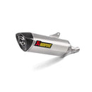 The Akrapovic Slip On Muffler for Honda CBR500 features a silver exhaust with a carbon tip, delivering the signature Akrapovič sound and displaying the AKRAPOVIC red and yellow logo on the side.