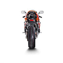 The Akrapovic Slip On Muffler CBR600RR features a silver motorcycle exhaust pipe with a black and red AKRAPOVIC logo on the muffler. It extends outward with a smooth metallic finish, set against a plain white background with a slight shadow beneath.