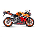 The Akrapovic Slip On Muffler CBR600RR features a silver motorcycle exhaust pipe with a black and red AKRAPOVIC logo on the muffler. It extends outward with a smooth metallic finish, set against a plain white background with a slight shadow beneath.