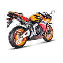 The Akrapovic Slip On Muffler CBR600RR features a silver motorcycle exhaust pipe with a black and red AKRAPOVIC logo on the muffler. It extends outward with a smooth metallic finish, set against a plain white background with a slight shadow beneath.