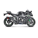 The Akrapovic Slip On Muffler for the Kawasaki ZX10R by AKRAPOVIC features a sleek black carbon fiber finish with metallic accents and a red logo. Its tapered design enhances power and includes a connecting pipe on the right side.
