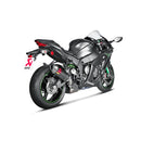 The Akrapovic Slip On Muffler for the Kawasaki ZX10R by AKRAPOVIC features a sleek black carbon fiber finish with metallic accents and a red logo. Its tapered design enhances power and includes a connecting pipe on the right side.
