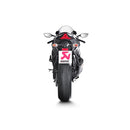 The Akrapovic Slip On Muffler for the Kawasaki ZX10R by AKRAPOVIC features a sleek black carbon fiber finish with metallic accents and a red logo. Its tapered design enhances power and includes a connecting pipe on the right side.