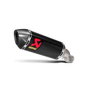 The Akrapovic Slip On Muffler for the Kawasaki ZX10R by AKRAPOVIC features a sleek black carbon fiber finish with metallic accents and a red logo. Its tapered design enhances power and includes a connecting pipe on the right side.
