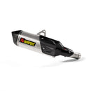 The Akrapovic Slip On Muffler Versys 1000 features a sleek, aerodynamic design with metallic and carbon fiber elements and a tapered end. It flaunts an eye-catching logo in yellow and black with a bold red "X," offering the distinctive Akrapovič sound through its titanium muffler.