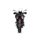 The Akrapovic Slip On Muffler Versys 1000 features a sleek, aerodynamic design with metallic and carbon fiber elements and a tapered end. It flaunts an eye-catching logo in yellow and black with a bold red "X," offering the distinctive Akrapovič sound through its titanium muffler.