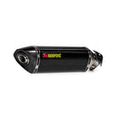 A close-up of the AKRAPOVIC Slip-On Muffler Z1000SX 20-23 showcases its carbon fiber finish. The streamlined design features metallic accents and the iconic yellow-red Akrapovic logo, enhancing its renowned sound, all isolated on a white background.