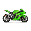 The Akrapovic Slip On Muffler ZX-10R 2021-23, a striking black and metallic titanium exhaust by AKRAPOVIC, features a red logo with "Akrapovic" in yellow and carbon fibre accents against a white background. Its sleek, angular design adds flair to any motorcycle.