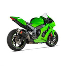 The Akrapovic Slip On Muffler ZX-10R 2021-23, a striking black and metallic titanium exhaust by AKRAPOVIC, features a red logo with "Akrapovic" in yellow and carbon fibre accents against a white background. Its sleek, angular design adds flair to any motorcycle.