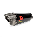 The Akrapovic Slip On Muffler ZX-10R 2021-23, a striking black and metallic titanium exhaust by AKRAPOVIC, features a red logo with "Akrapovic" in yellow and carbon fibre accents against a white background. Its sleek, angular design adds flair to any motorcycle.