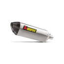 The Akrapovic Slip On Muffler Versys-X 300, a silver slip-on exhaust system with a black tip, features AKRAPOVIC's logo in red and yellow. Its carbon fiber muffler offers sleek design while delivering the signature Akrapovič sound.