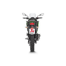 The Akrapovic Slip On Muffler Versys-X 300, a silver slip-on exhaust system with a black tip, features AKRAPOVIC's logo in red and yellow. Its carbon fiber muffler offers sleek design while delivering the signature Akrapovič sound.